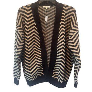 Womens Black Tan Chevron Pattern Open Front Cardigan Sweater L NEW Classic